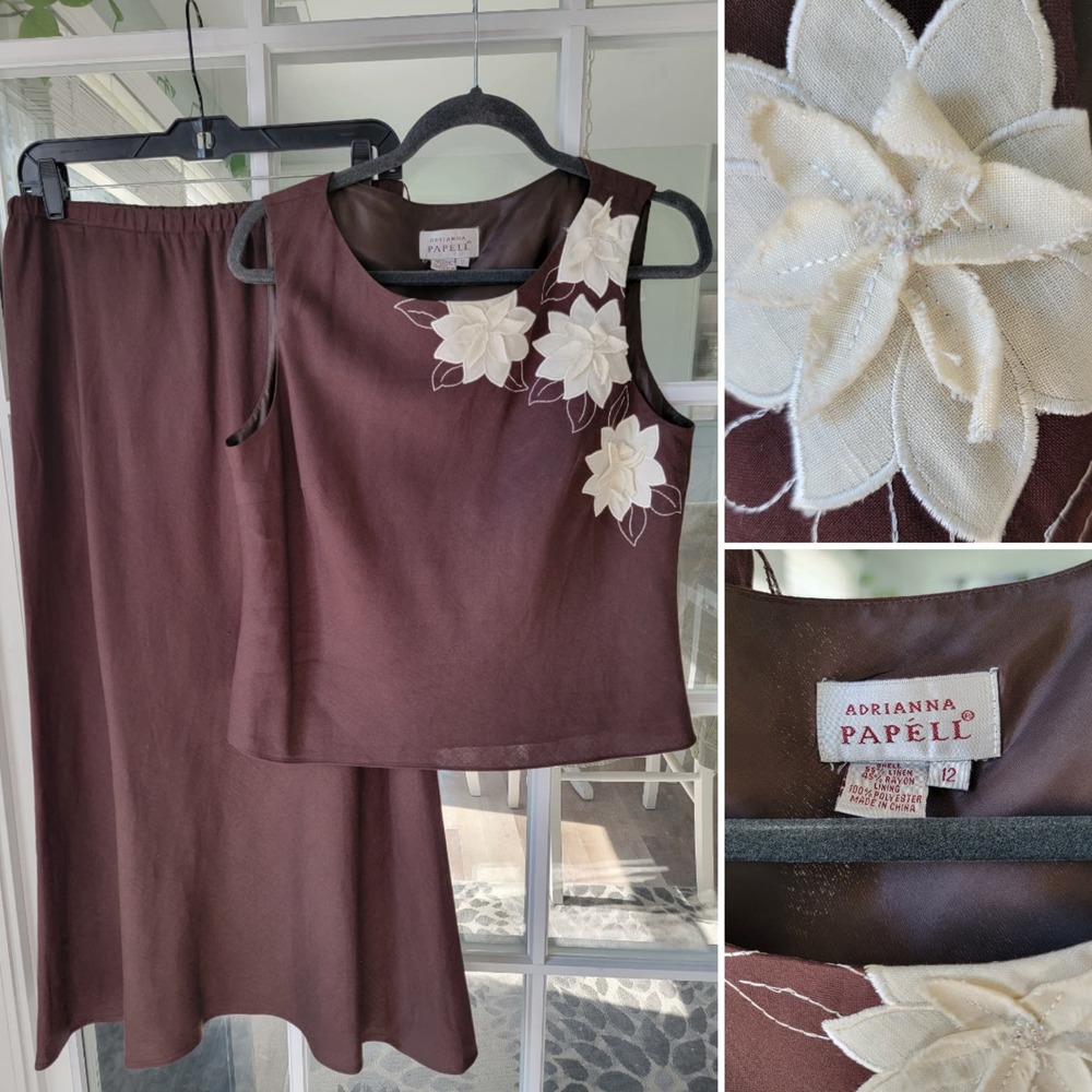 Vintage 90s Adrianna Papell chocolate cream floral 2 piece maxi skirt top set 12